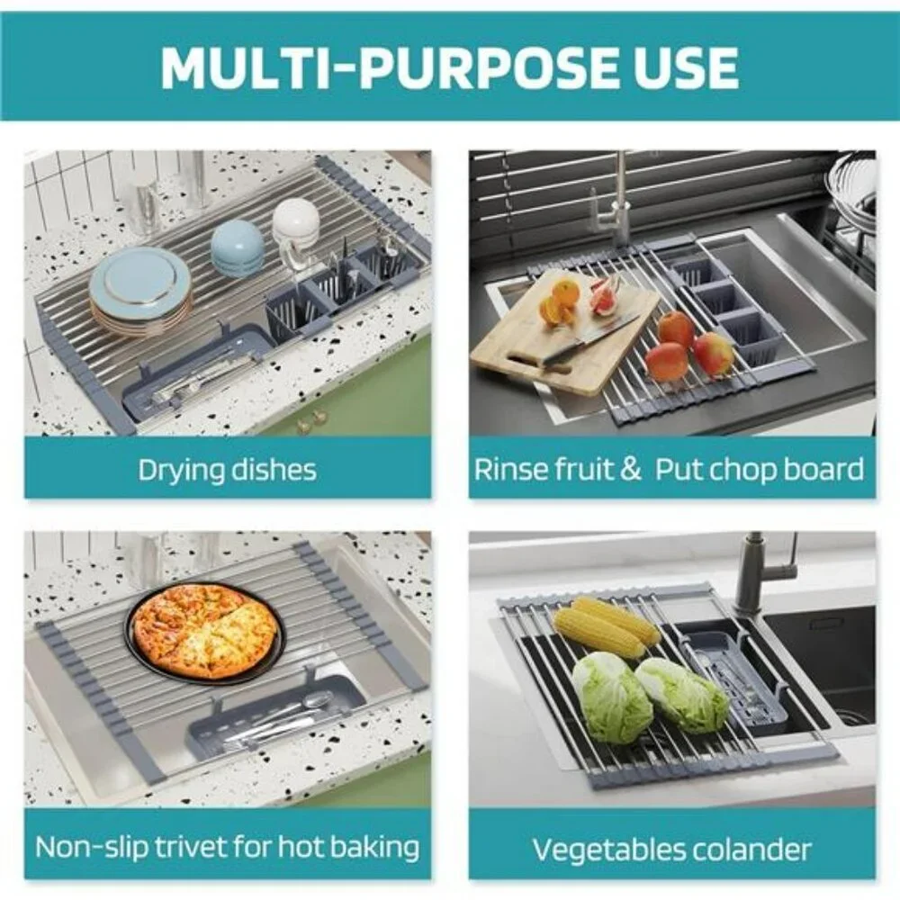 expandable roll up dish drying rack over sink with storage baskets foldable stee